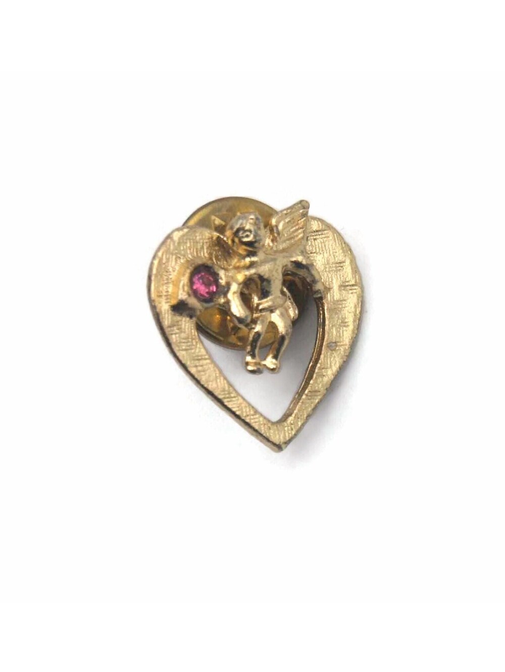 Vintage Brushed Gold Tone & Pink Stone Guardian Angel on Heart Lapel Pin.